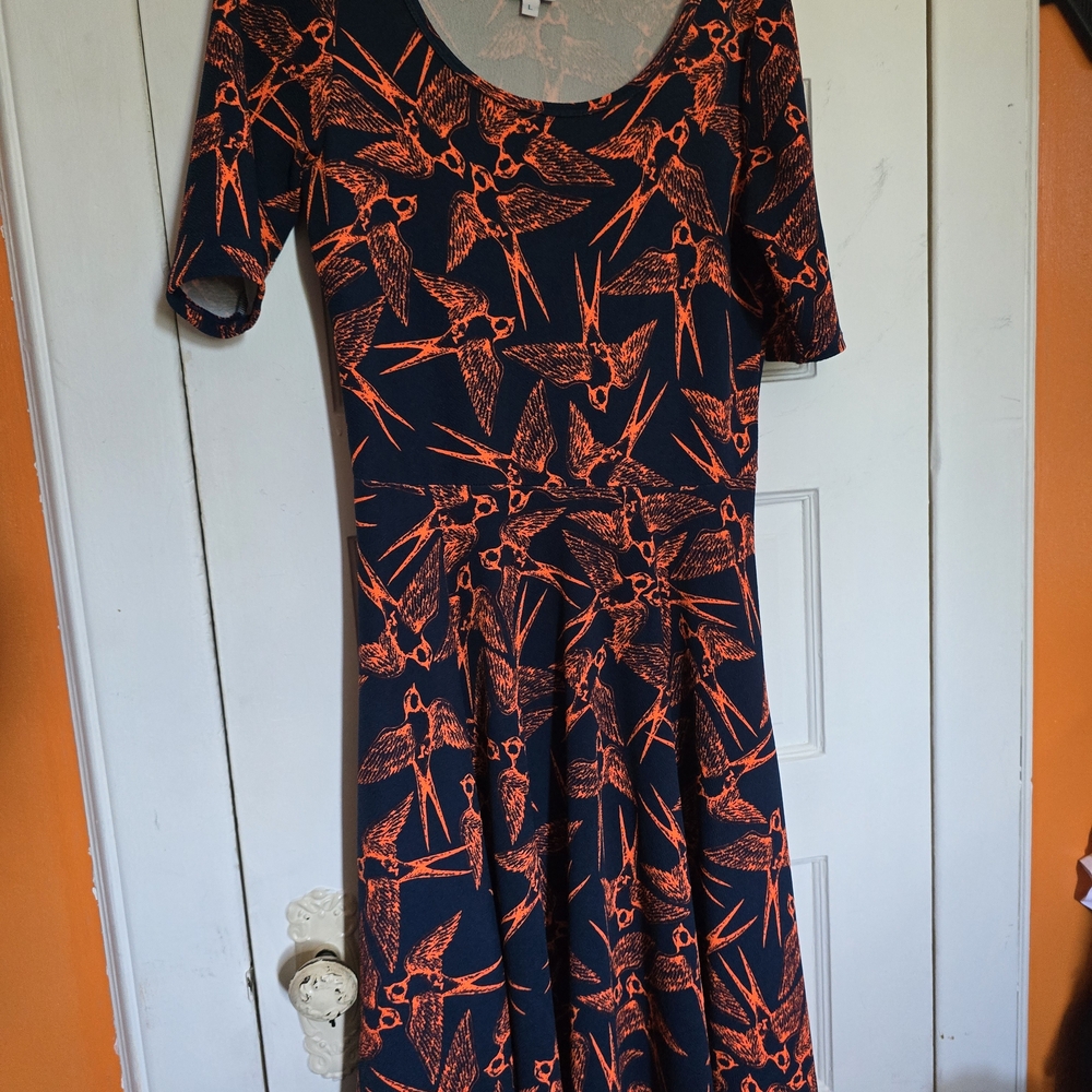 LuLaRoe Navy and Orange Bird Print Midi Dress